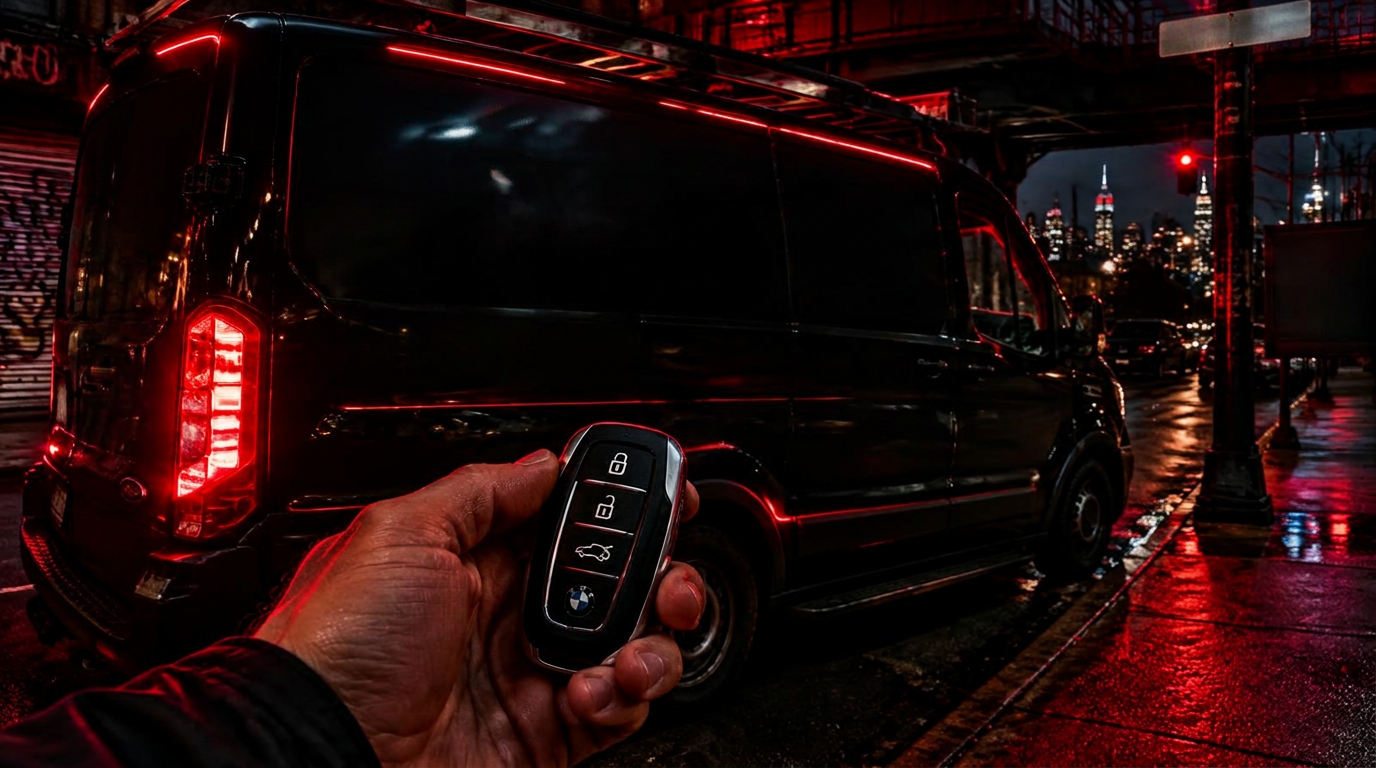 Locksmith holding a European car key fob on a New York street at night